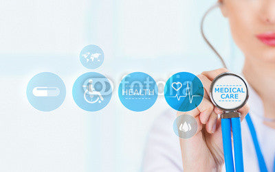 Medicine doctor hand holding stethoscope and working with modern Wall Mural
