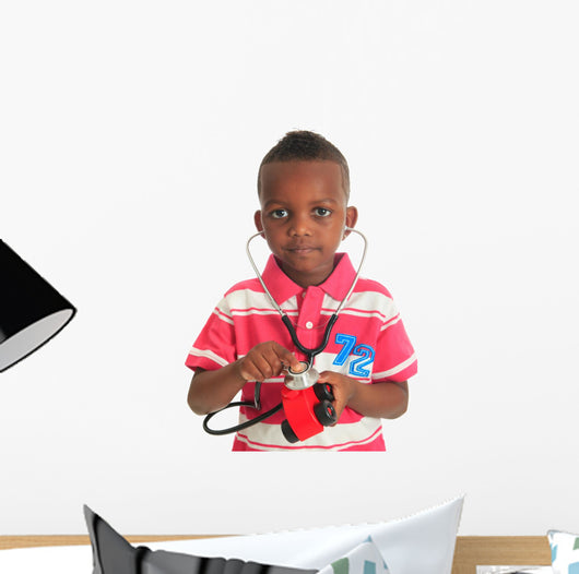 Black African American child with stethoscope and car Wall Decal