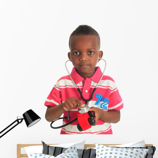 Black African American child with stethoscope and car Wall Decal