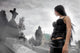 Long black haired woman in a misty cemetery Wall Mural