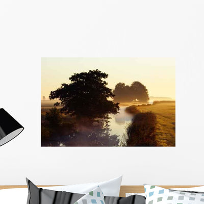 Autumn Morning Landscape Wall Decal shown on a wall