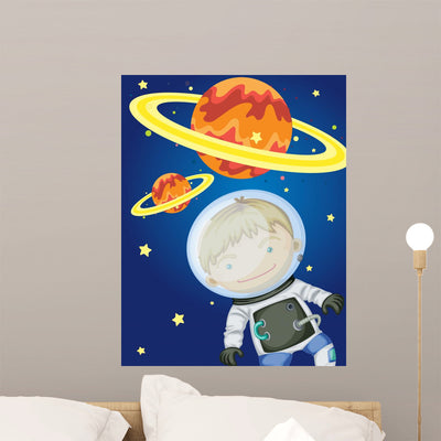 Astronaut Space Wall Mural shown on a wall