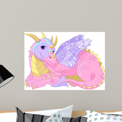 Beautiful Pink Dragon Wall Decal shown on a wall