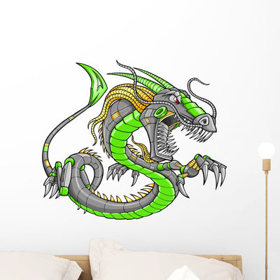 Green Robot Cyborg Dragon shown on a wall
