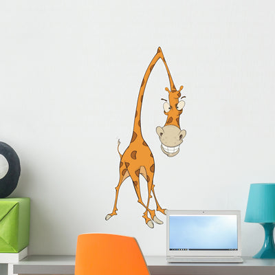 Cheerful Giraffe Cartoon Wall Decal shown on a wall