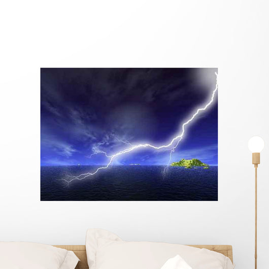 Island Ocean Storms with Lightning Illustrations Wall Decal