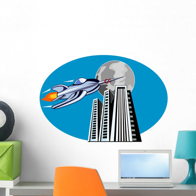 Rocketship Flying over Buildings Wall Decal shown on a wall