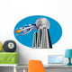 Rocketship flying over buildings Wall Decal
