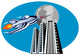 Rocketship flying over buildings Wall Decal