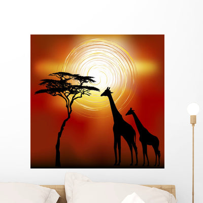 African Landscape with Giraffes Wall Mural shown on a wall