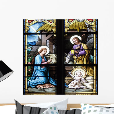 Nativity Scene Stained Glass shown on a wall