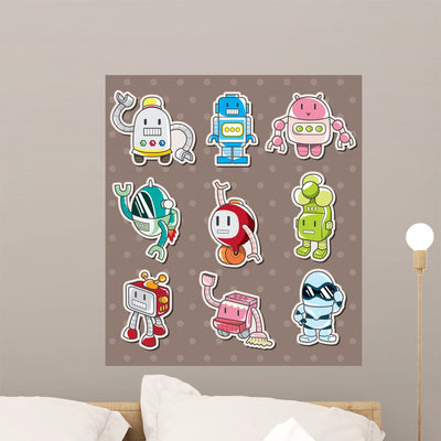 Cartoon Robot Sticers Wall Mural shown on a wall