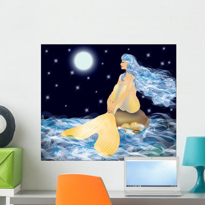 Beautiful Golden Mermaid and Wall Mural shown on a wall