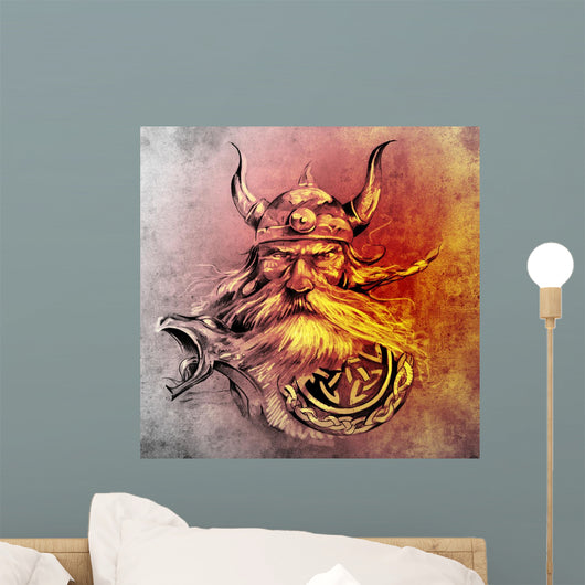 Tattoo art, sketch of a viking warrior, Illustration of an ancie Wall Mural