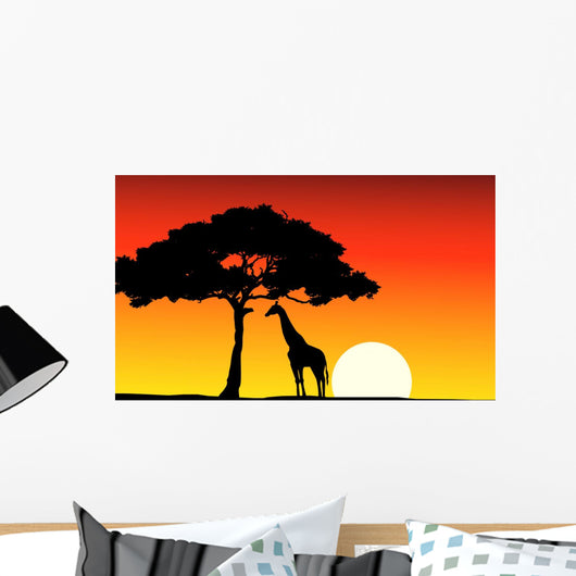 African Sunset background with giraffe Wall Mural