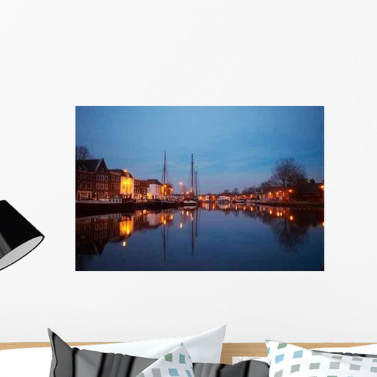 Boats and Typical Dutch Town at Night Wall Decal