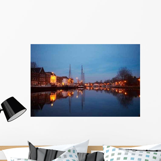 Boats and Typical Dutch Town at Night Wall Decal
