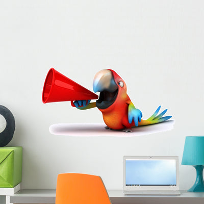 CG Parrot with Megaphone Wall Decal shown on a wall