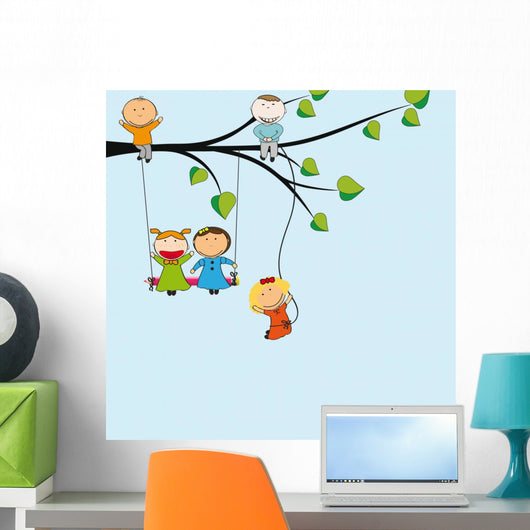 Happy Cartoon Kids on a Tree Swing Wall Decal