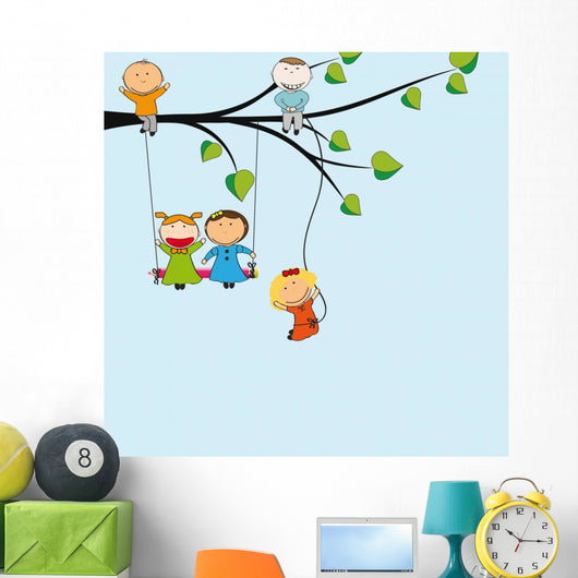 Happy Cartoon Kids on a Tree Swing Wall Decal