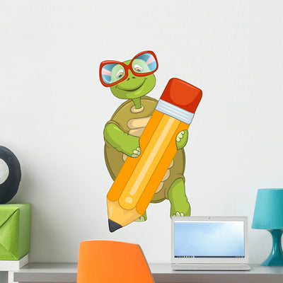 Funny Turtle Writing Wall Decal shown on a wall