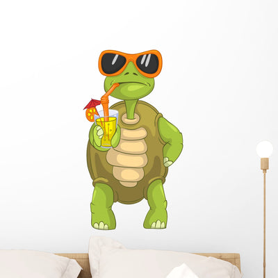 Funny Turtle Drinking Cocktail Wall Decal shown on a wall