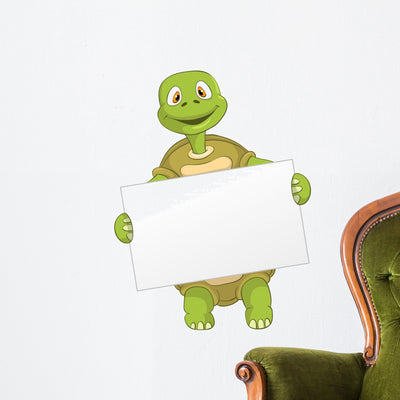 Funny Cartoon Turtle Holding Sign Wall Decal shown on a wall