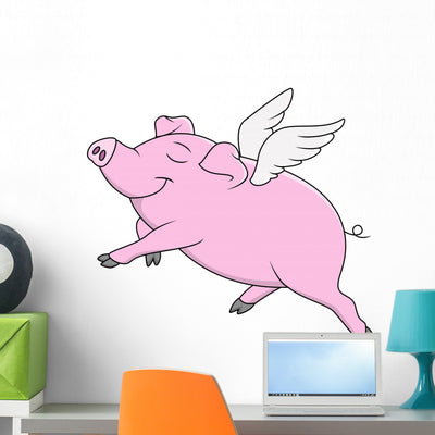 Pig Flying Cartoon Wall Decal shown on a wall