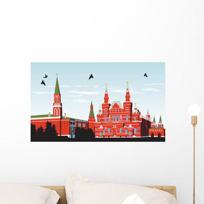 Birds Fly over Red Wall Decal shown on a wall