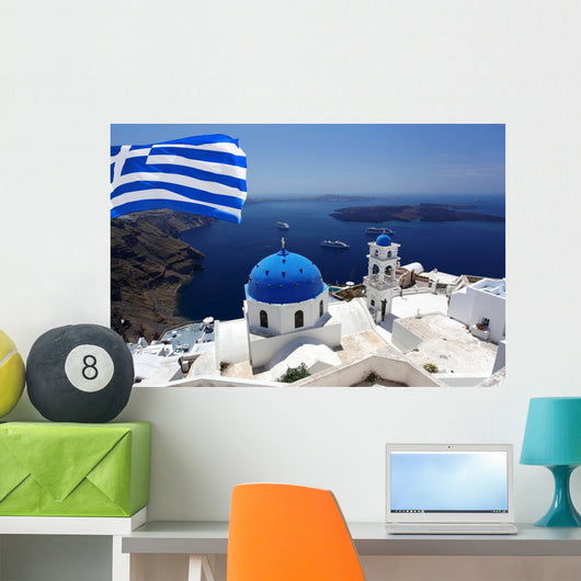 Santorini Island with Flag Wall Decal