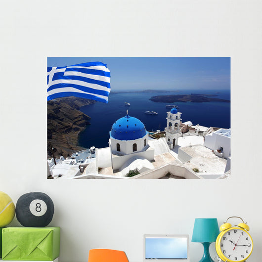 Santorini Island with Flag Wall Decal