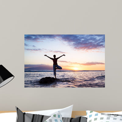 Silhouette Beautiful Yoga Woman Wall Decal shown on a wall