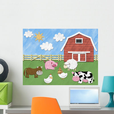 Farm Animals and Barn Cut-Out Illustration - Horizontal Wall Decal shown on a wall