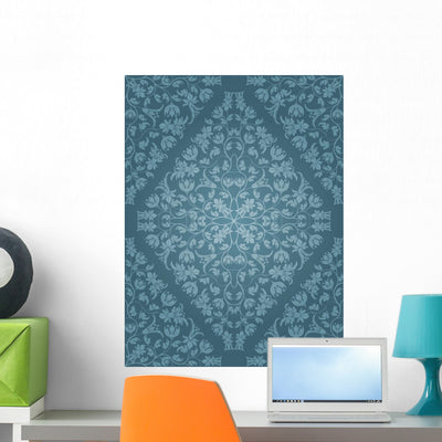 Seamless Blue Retro Floral Pattern Wall Decal shown on a wall