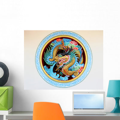 Ancient Chinese Dragon Temple Wall Decal shown on a wall