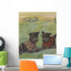 Two black Scottie dogs wearing plaid coats in grassy field Wall Mural
