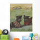 Two black Scottie dogs wearing plaid coats in grassy field Wall Mural