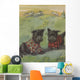 Two black Scottie dogs wearing plaid coats in grassy field Wall Mural
