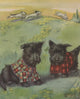 Two black Scottie dogs wearing plaid coats in grassy field Wall Mural