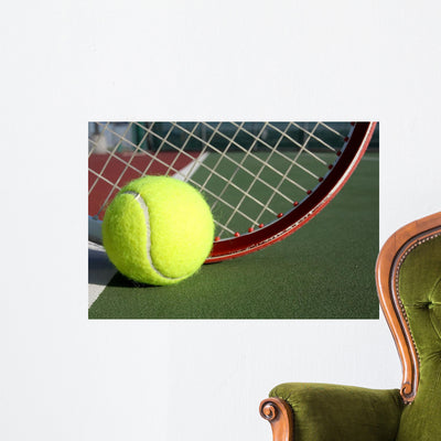 Tennis Ball and Racket Wall Decal shown on a wall