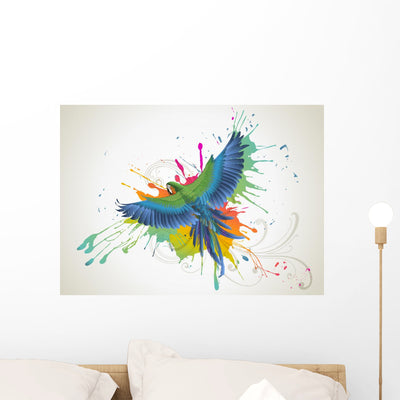 Parrot and Paint Splatter Illustration Wall Decal shown on a wall