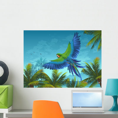 Amazon Tropical with Parrots Wall Decal shown on a wall
