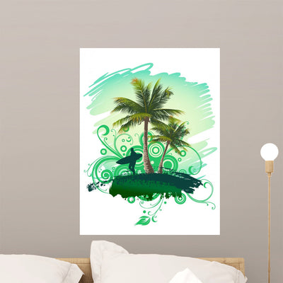 Tropical with Surfer Wall Decal shown on a wall