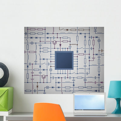 Circuit Diagram Center Wall Decal shown on a wall