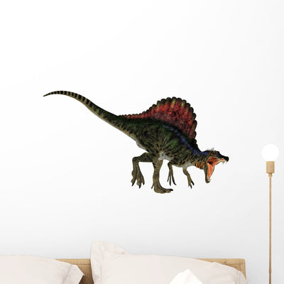 Roaring Red-Finned Spinosaurus Wall Decal shown on a wall