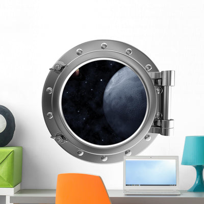Porthole with Space Wall Decal shown on a wall