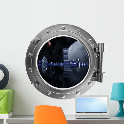 Spacecraft Space Porthole Wall Decal shown on a wall