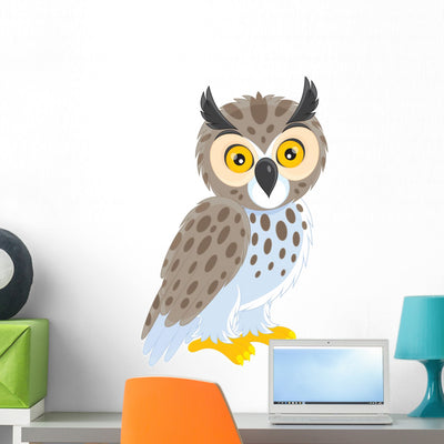 Cartoon Horned Owl Wall Decal shown on a wall
