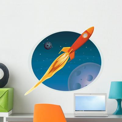 Spaceship Flying through Space Wall Decal shown on a wall