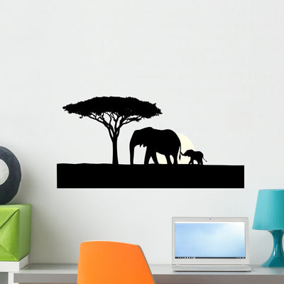African Elephant with Baby Wall Decal shown on a wall